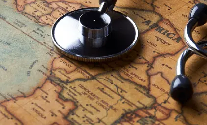 alt="Stethoscope on a map of Africa, symbolizing medical and humanitarian initiatives"