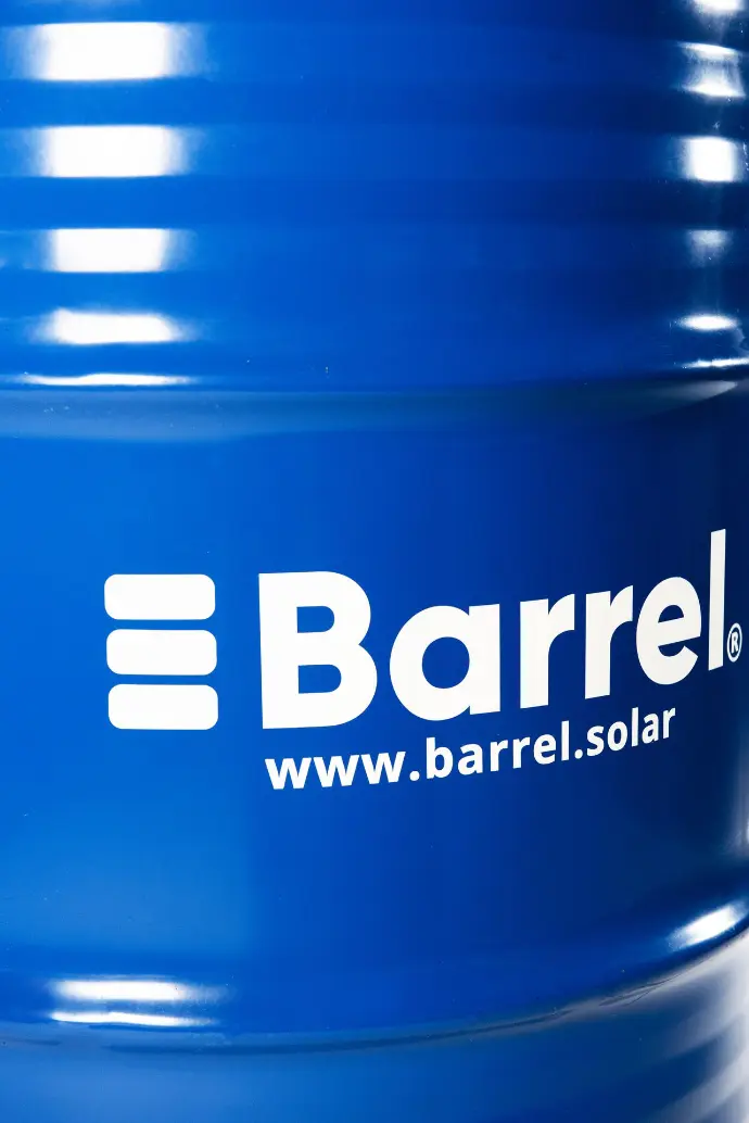 alt="Close-up of a blue Barrel with the Barrel logo and website www.barrel.solar"