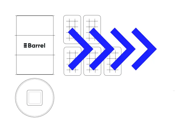alt="Diagram showing a Barrel energy storage unit with arrows pointing to modular solar panel integration"