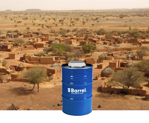 title="Barrel solar energy system powering remote communities with sustainable solutions" alt="Barrel solar energy system in a remote village setting, providing sustainable energy solutions"