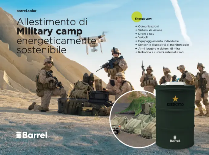 title="Sustainable energy solutions by Barrel for military operations and camps" alt="Barrel solar energy system for sustainable military camp setup, supporting communications, drones, vehicles, and monitoring equipment"