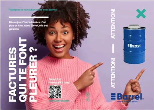 alt="Barrel solar energy advertisement with a smiling woman and text about reducing energy bills"