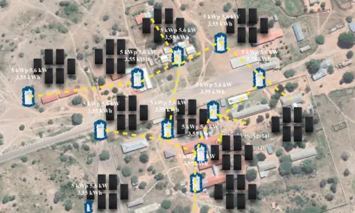 alt="Aerial view of a solar energy network powered by Barrel systems for a hospital and surrounding facilities"