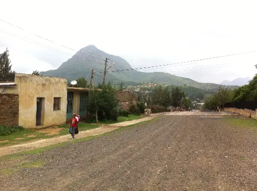 alt="Rural road in Ethiopia with electric poles, houses, and a mountain in the background"